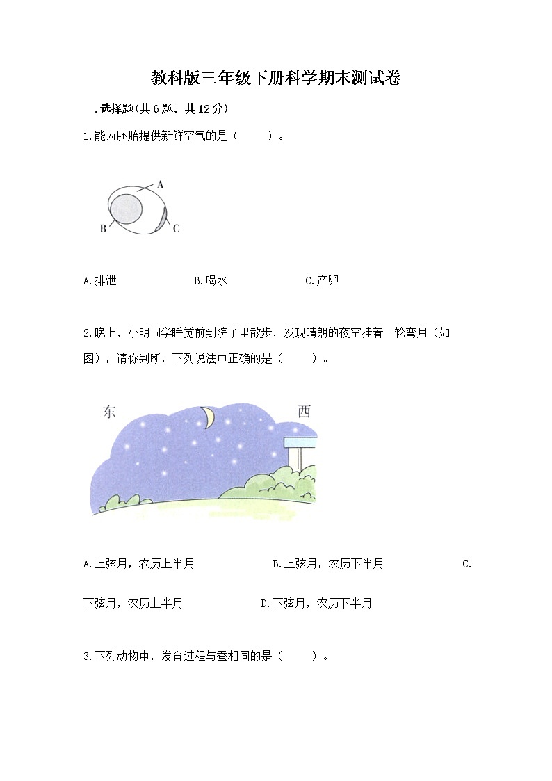 教科版三年级下册科学期末测试卷【培优】第1页
