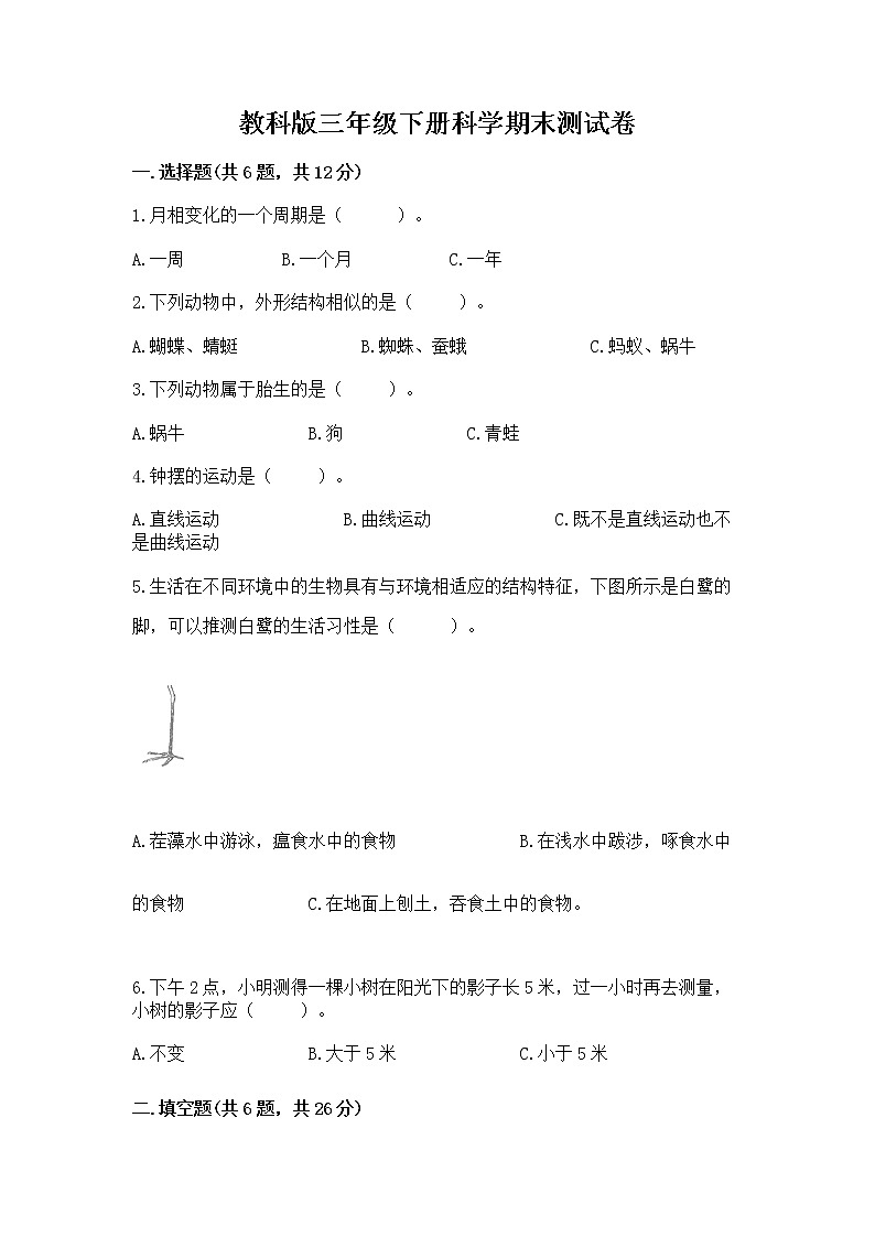 教科版三年级下册科学期末测试卷及参考答案【巩固】01