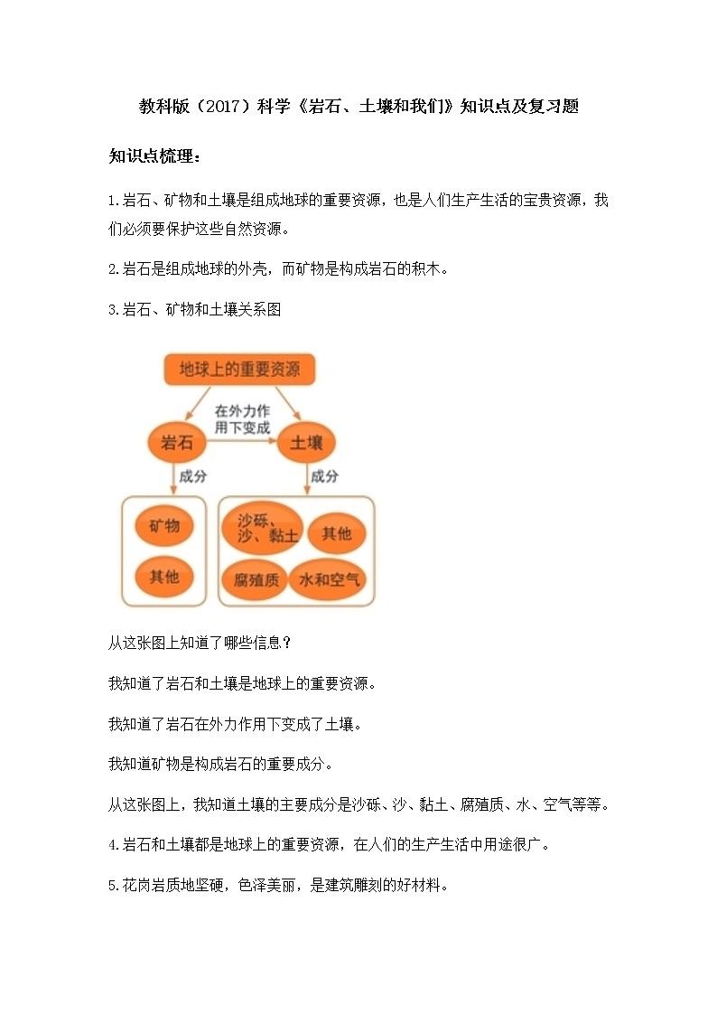 教科版（2017）科学《岩石、土壤和我们》知识点及复习题（含答案）01