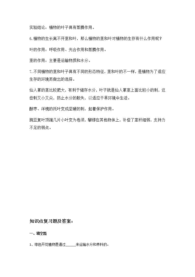 教科版（2017）科学《茎和叶》知识点及复习题（含答案）03