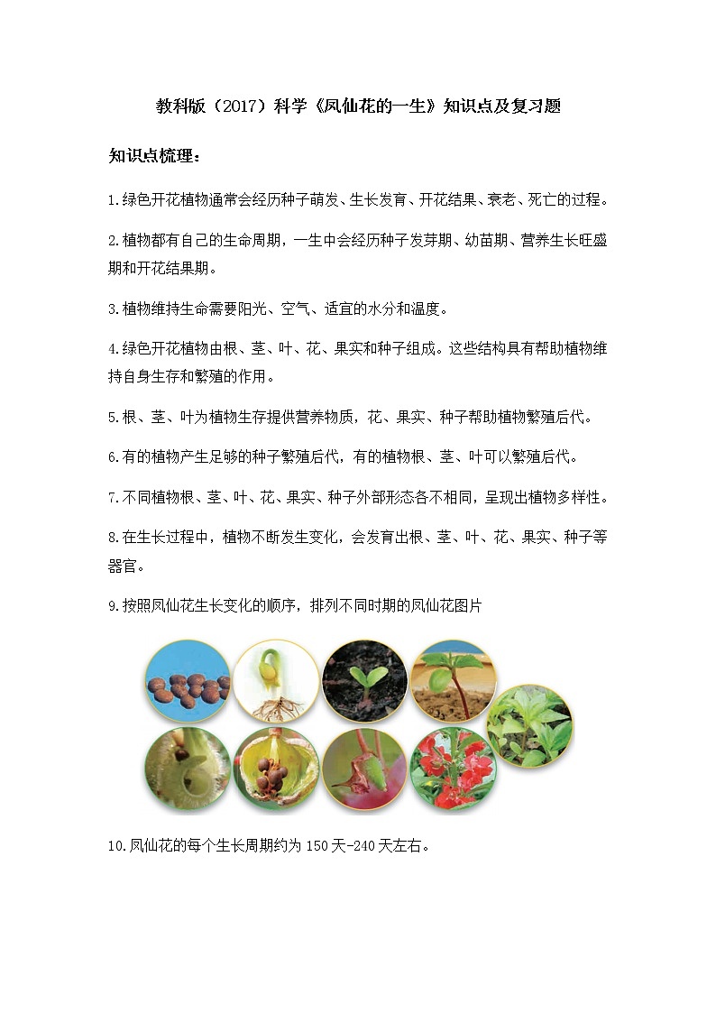 教科版（2017）科学《凤仙花的一生》知识点及复习题（含答案）01