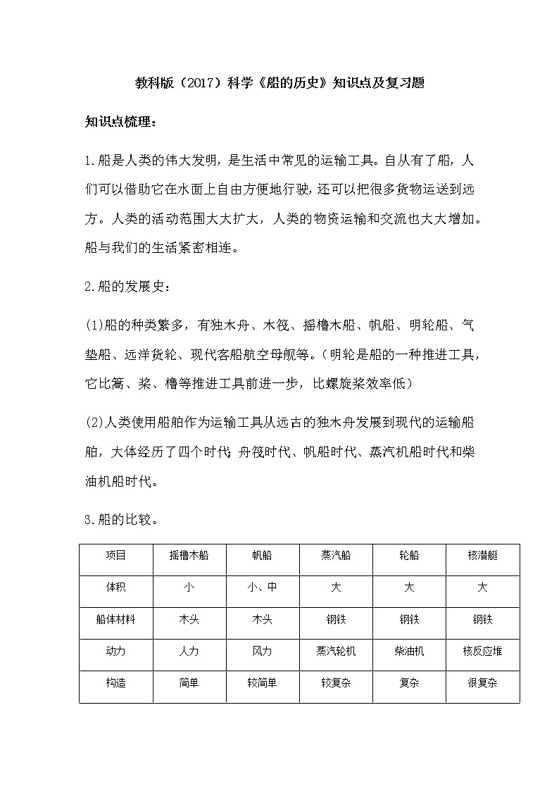 教科版（2017）科学《船的历史》知识点及复习题（含答案）01