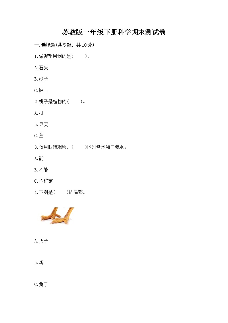 苏教版一年级下册科学期末测试卷精品【典优】第1页