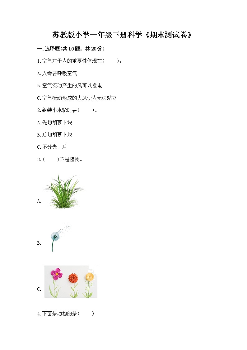 苏教版小学一年级下册科学《期末测试卷》含答案【名师推荐】第1页