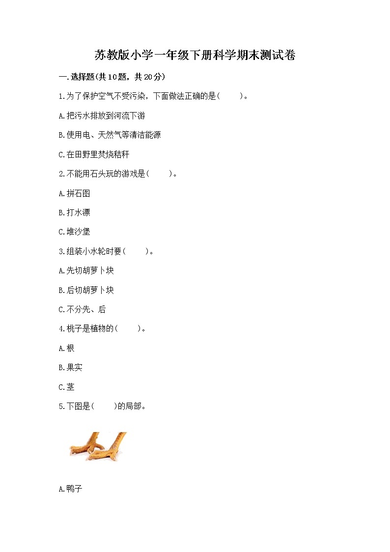 苏教版小学一年级下册科学期末测试卷含答案【研优卷】第1页