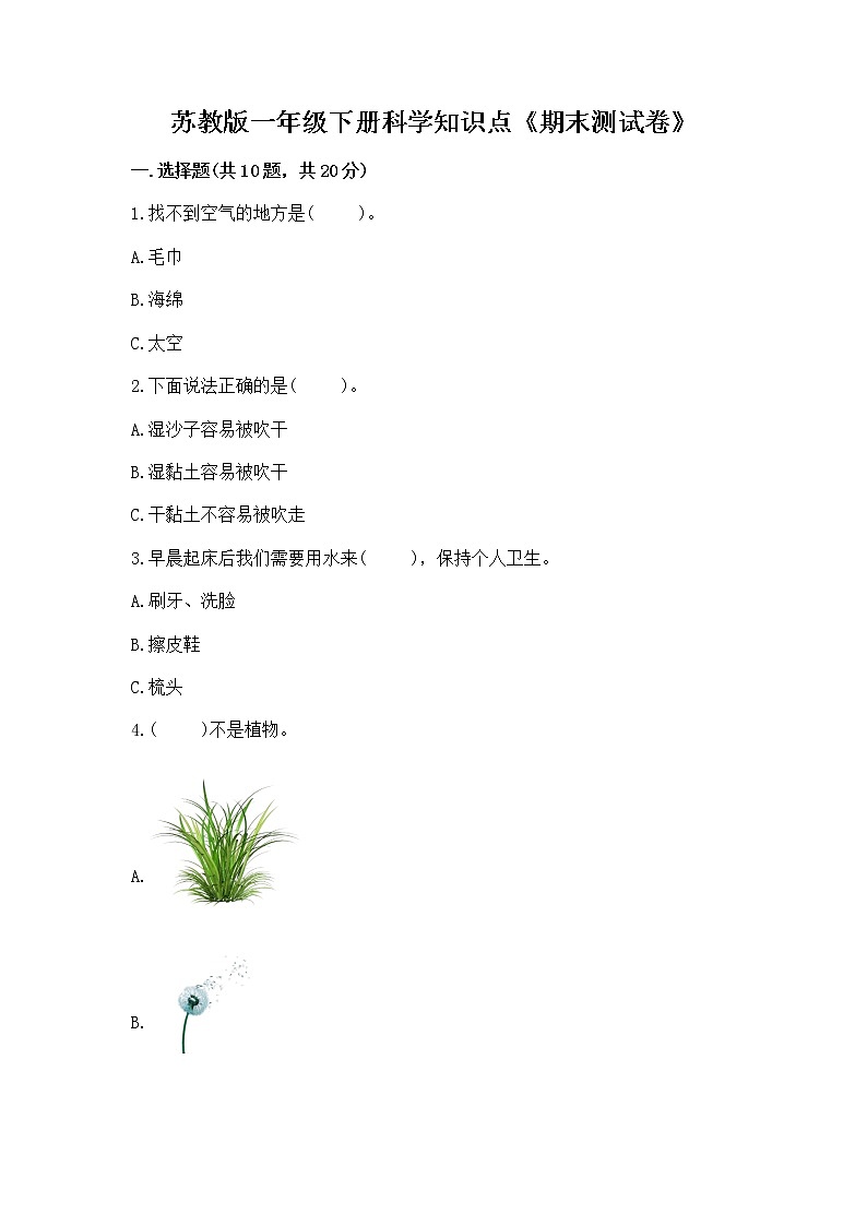 苏教版一年级下册科学知识点《期末测试卷》附答案（基础题）第1页