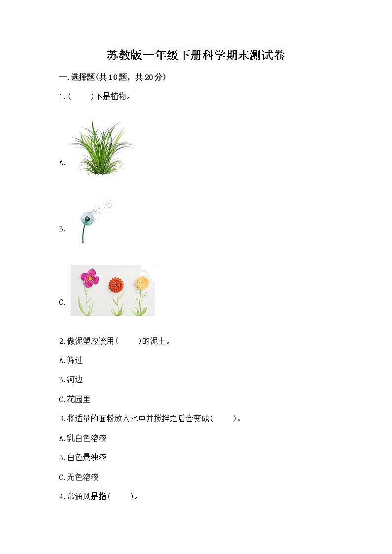 苏教版一年级下册科学期末测试卷一套第1页