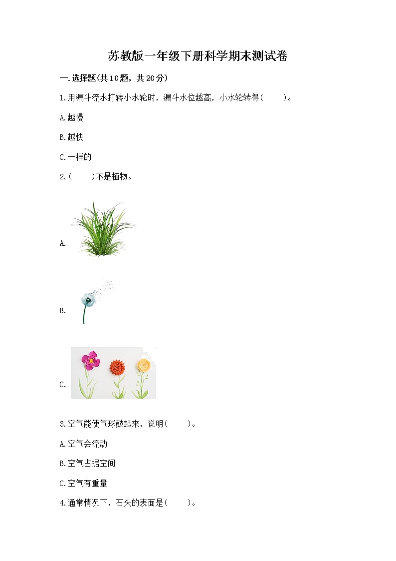 苏教版一年级下册科学期末测试卷（易错题）01