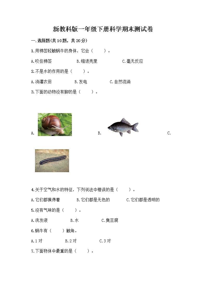 新教科版一年级下册科学期末测试卷带答案【A卷】01