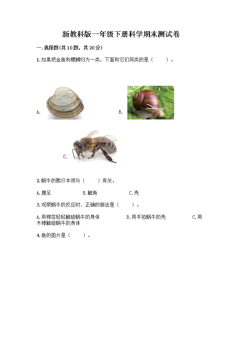 新教科版一年级下册科学期末测试卷含完整答案（名师系列）第1页