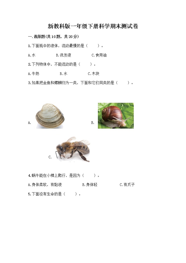 新教科版一年级下册科学期末测试卷附参考答案【黄金题型】第1页