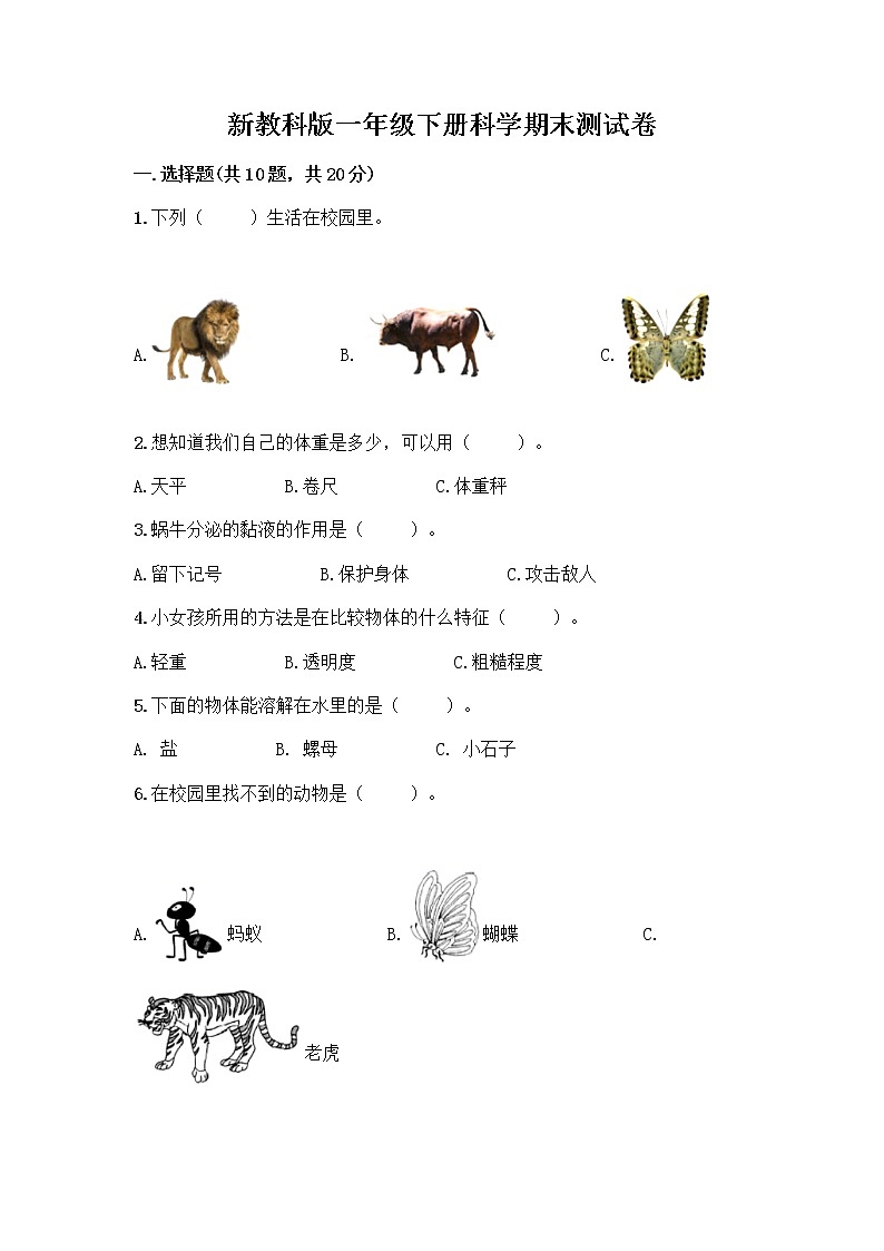新教科版一年级下册科学期末测试卷带完整答案（名师系列）01