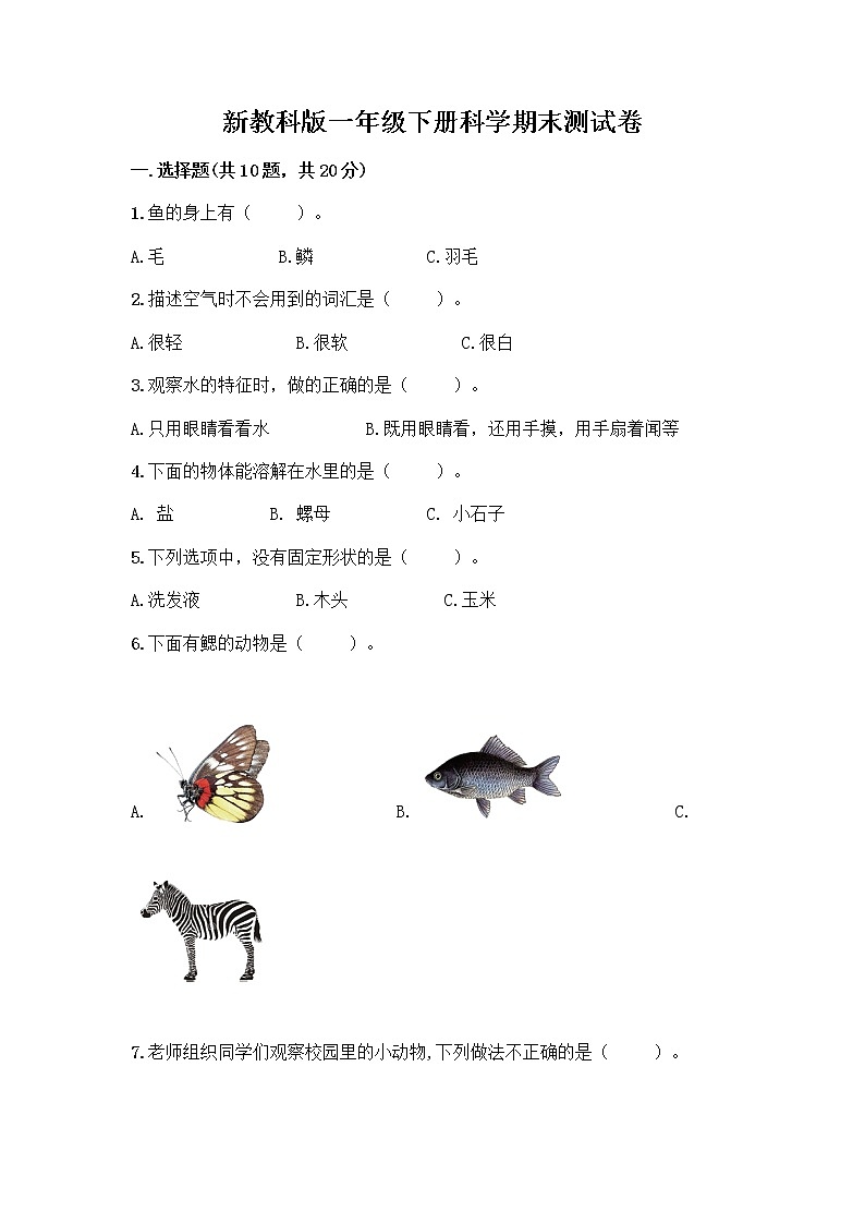 新教科版一年级下册科学期末测试卷带答案【轻巧夺冠】01