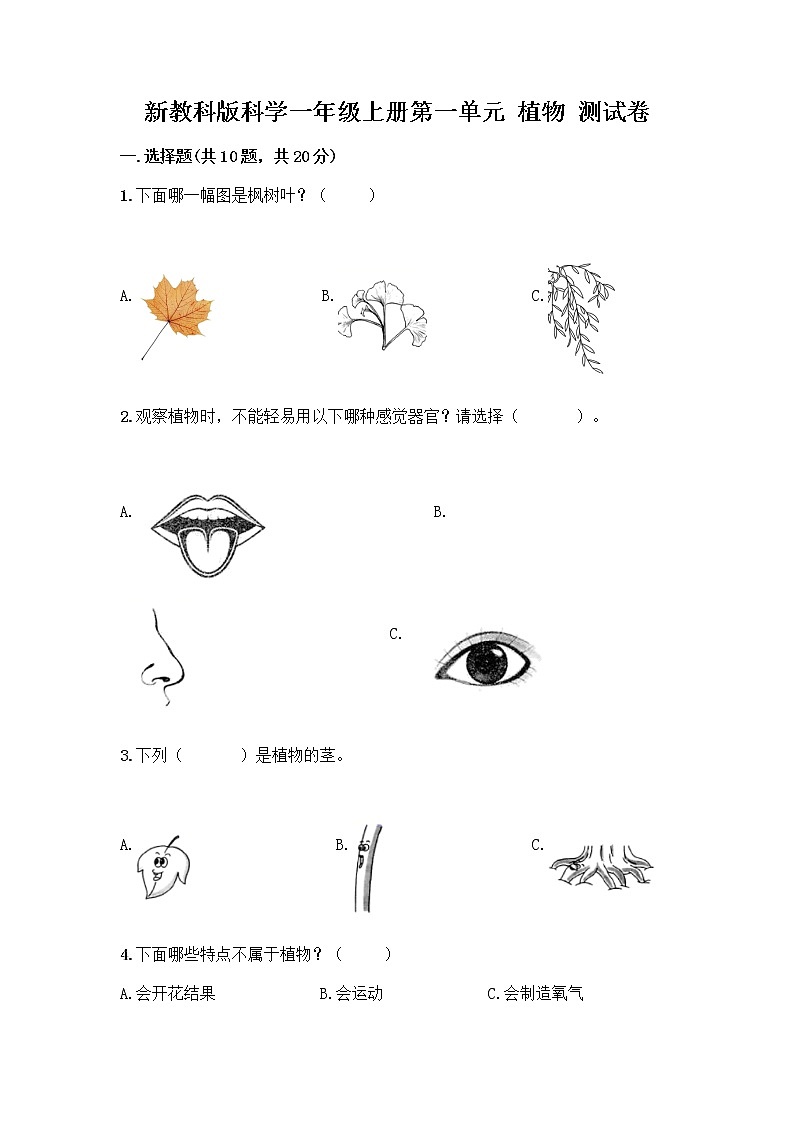新教科版科学一年级上册第一单元 植物 测试卷精品（夺分金卷） (3)01