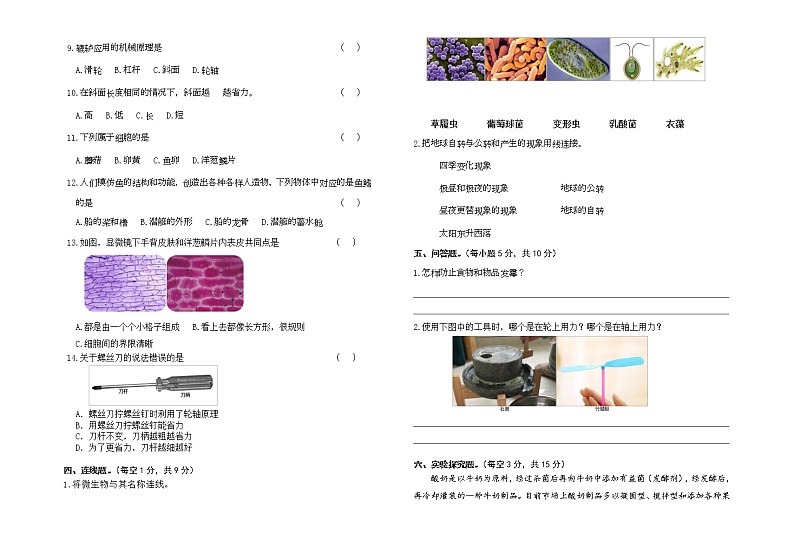 苏教版五年级下册科学期末试卷8（含答案）第2页