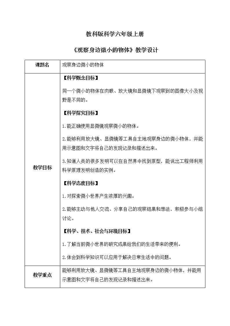 教科版2017科学6上3《观察身边微小的物体》课件PPT+教案01