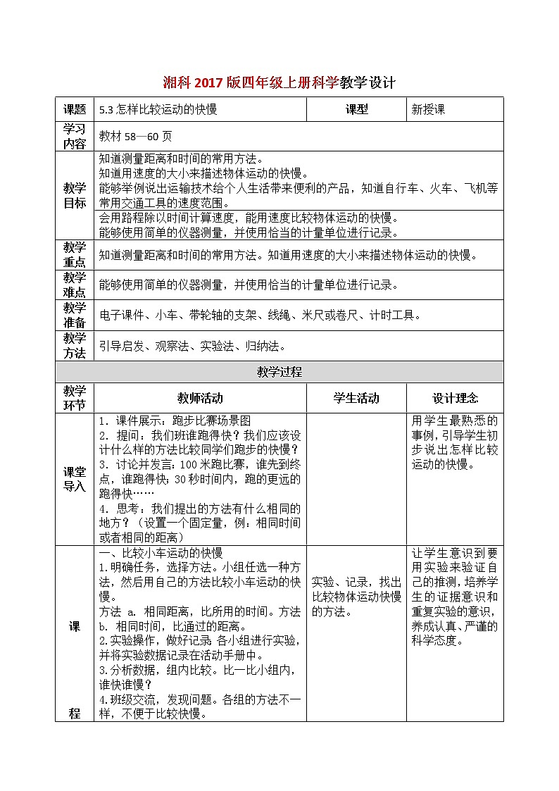 湘科2017版四年级上册第l五单元3.《怎样比较运动的快慢》课件+教学设计+练习及答案+视频素材01