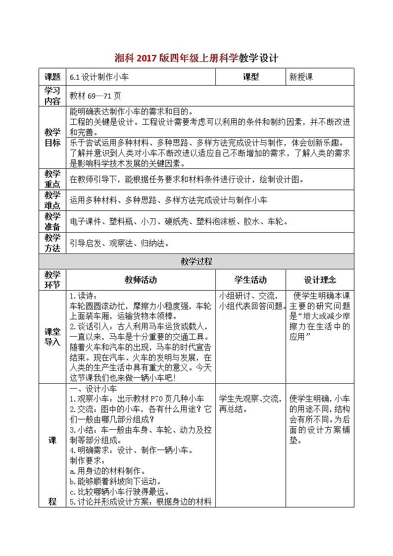 湘科2017版四年级上册第六单元1.《设计制作小车》课件+教学设计+练习及答案+视频素材01
