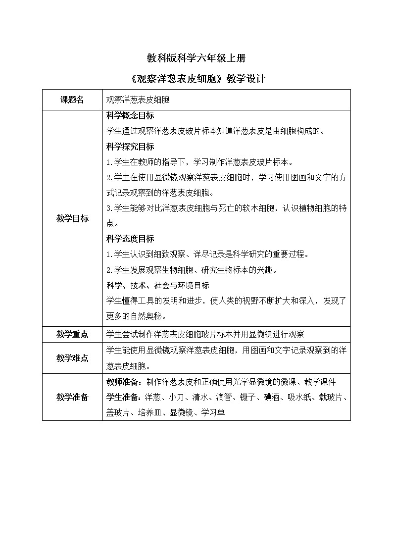 教科版2017科学6上4《观察洋葱表皮细胞》PPT+教案01