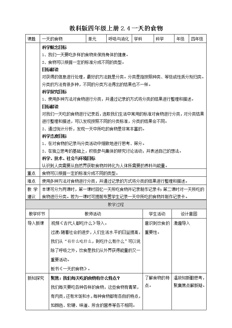 2.4一天的食物 教案第1页