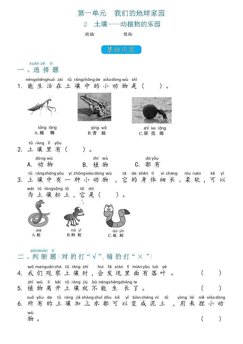 二年级上册科学1.2土壤——动植物的乐园双减分层同步练习（含答案)教科版2017第1页