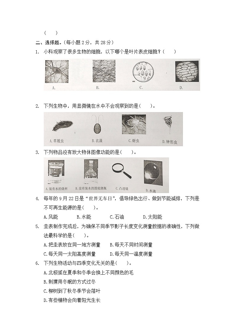 2021年浙江温州瑞安市六年级上册科学期末试卷 (含答案)02