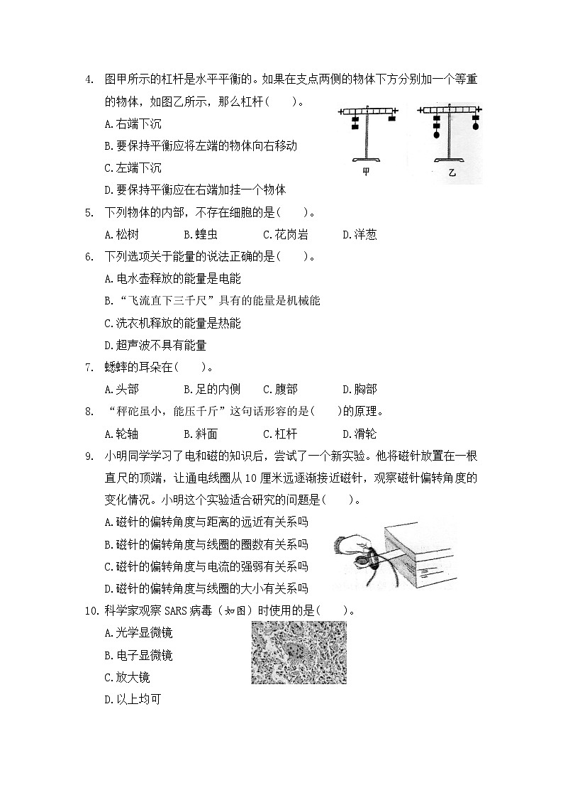 2021年浙江嘉兴南湖区六年级上册科学期末试卷 (含答案)02