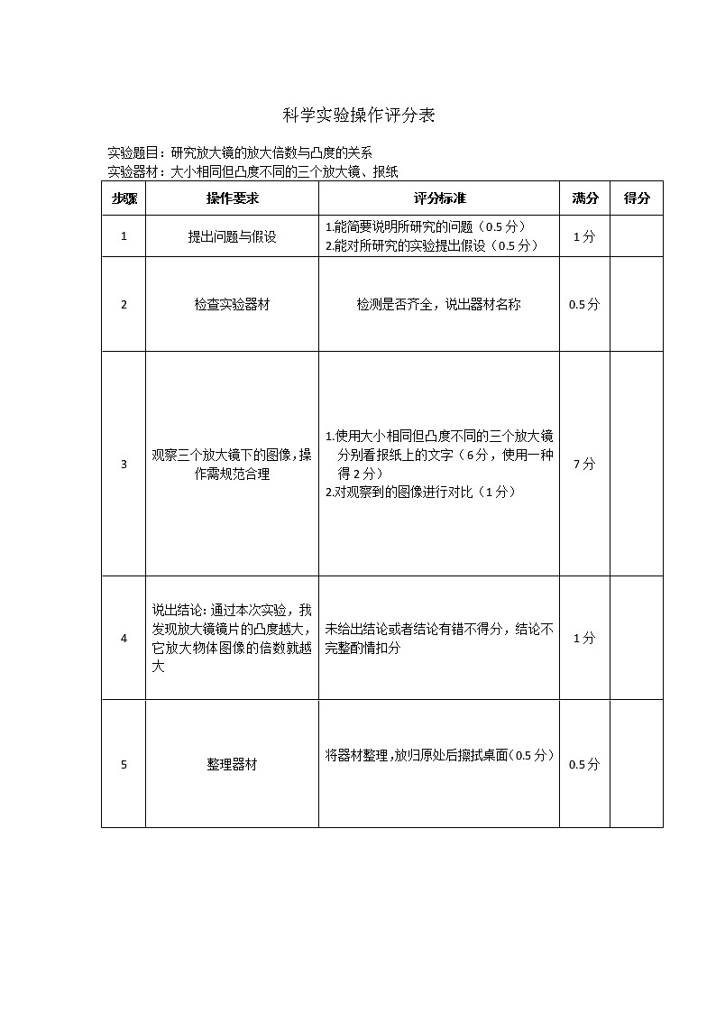 教科版六年级上册实验操作评分表(全册)第3页