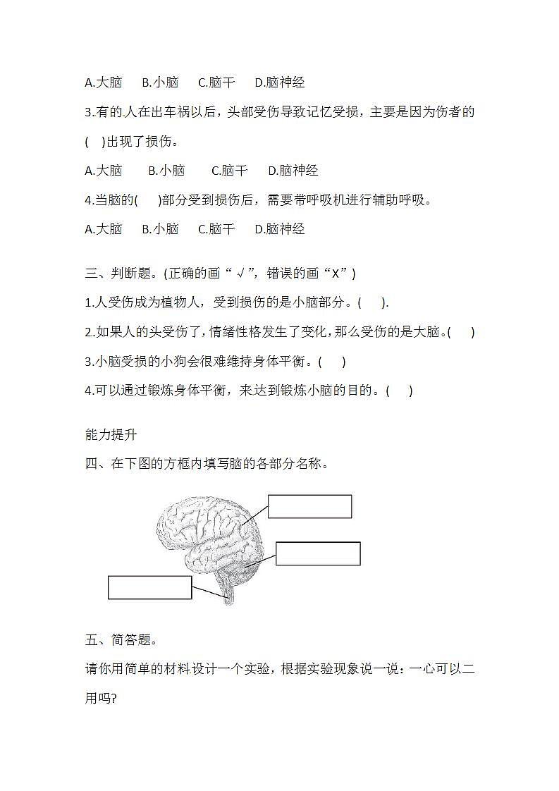 湘科版科学五年级上册 1.2 人体指挥部一脑 同步训练（含答案）02