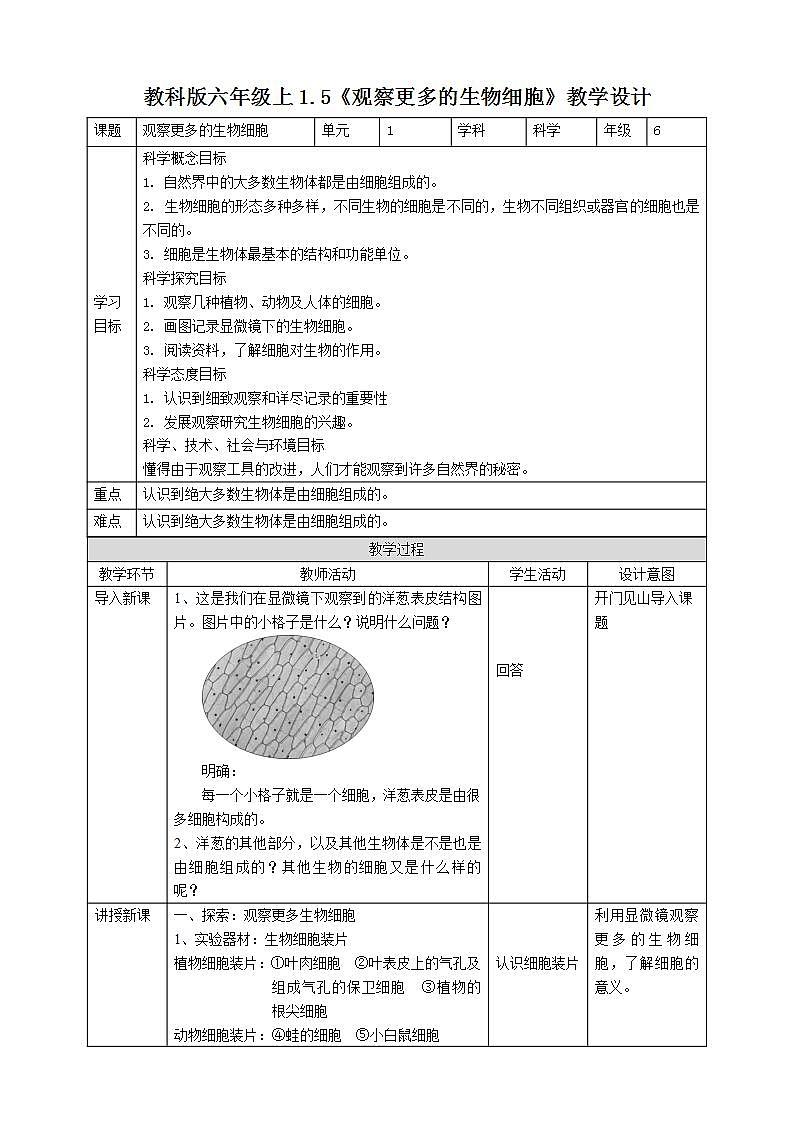 教科版六上科学  1.5《观察更多的生物细胞》课件+教案+练习+素材01