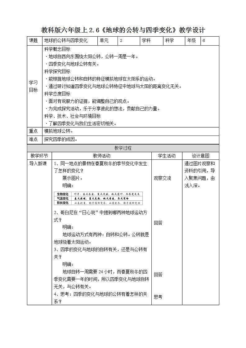教科版六上科学  2.6《地球的公转与四季变化》课件+教案+练习+素材01
