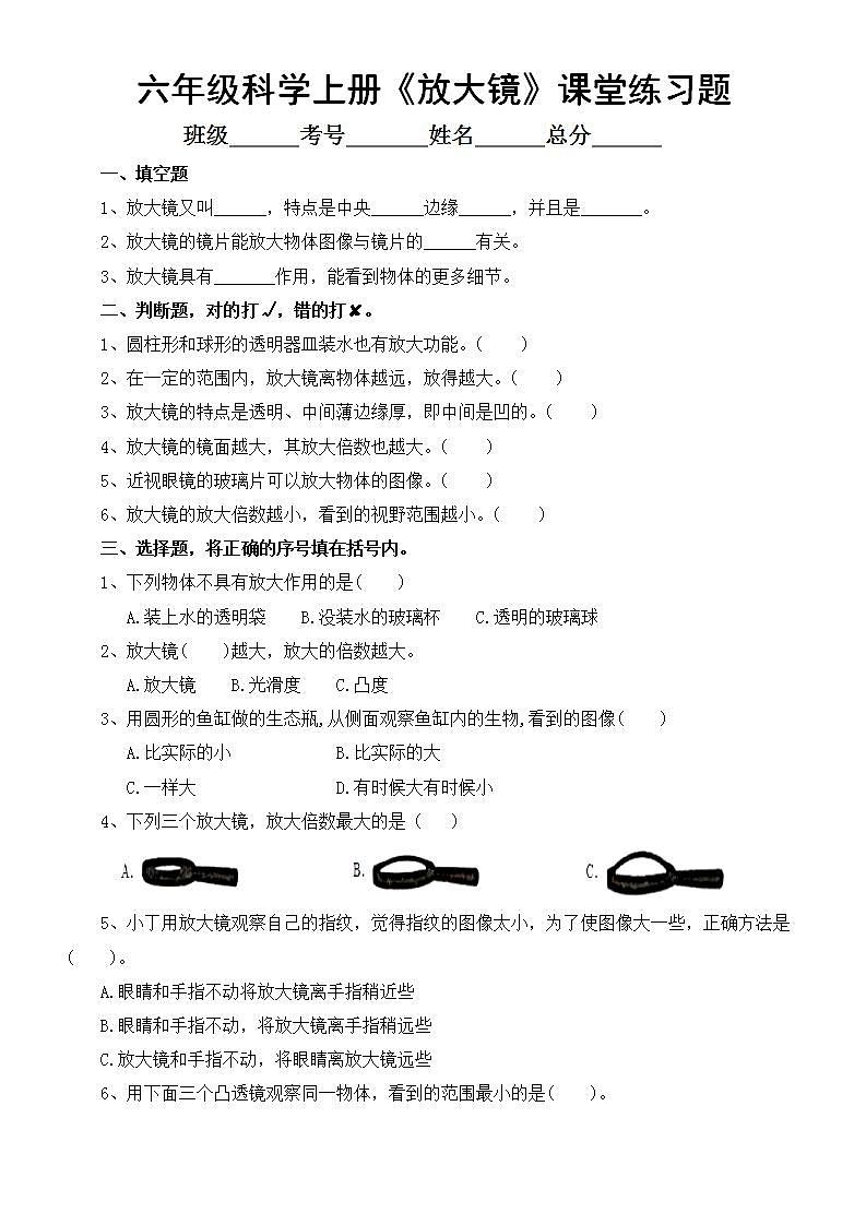 小学科学教科版六年级上册第一单元第1课《放大镜》课堂练习题（附参考答案）（2022新版）01
