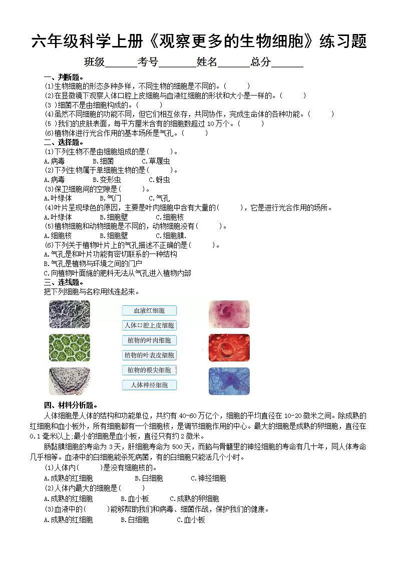 小学科学教科版六年级上册第一单元第5课《观察更多的生物细胞》课堂练习题（附参考答案）（2022新版）01