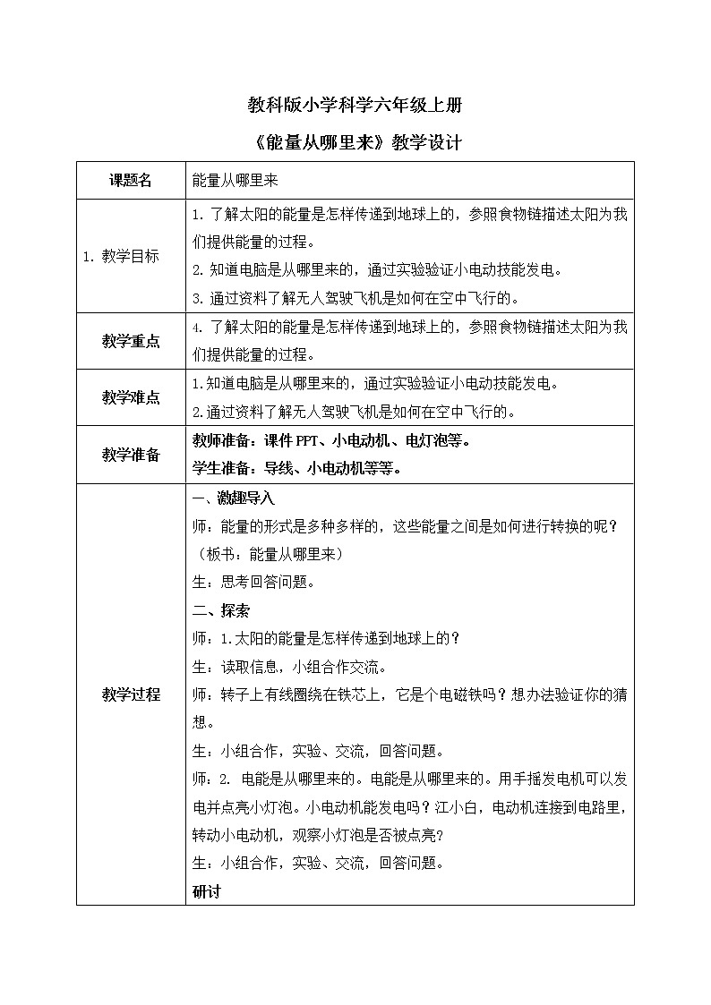 教科版（2017）6上科学4.7《能量从哪里来》课件PPT＋教案01