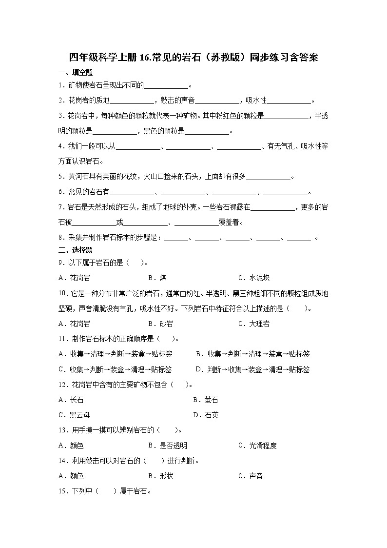 新苏教版四上科学 16 常见的岩石 同步训练题（含答案）01