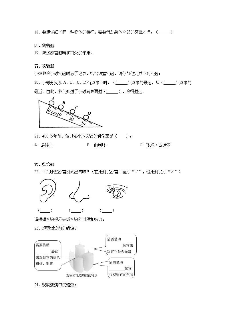 苏教版一年级上册科学 5.感官总动员 同步训练题 (含答案)02