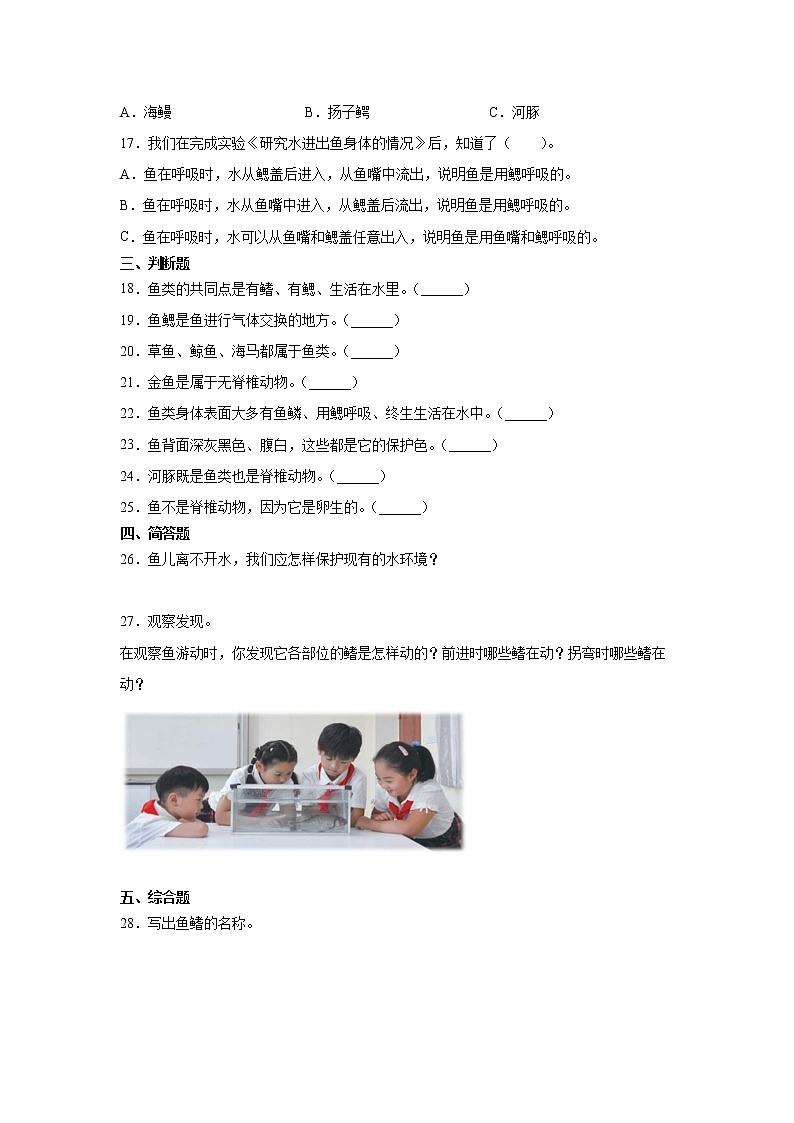 新苏教版四上科学 2 鱼类 同步训练题（含答案）02