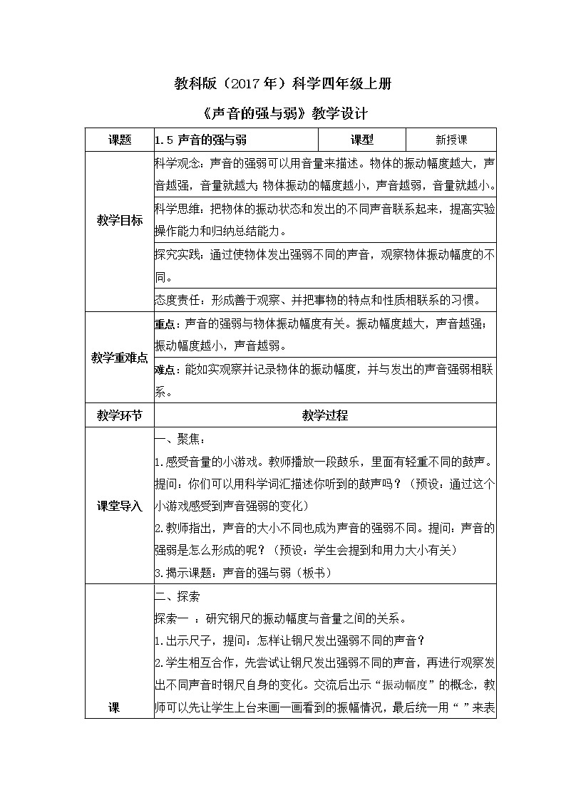 教科版(2017)科学四年级上册1.5《声音的强与弱》课件+教案+练习01