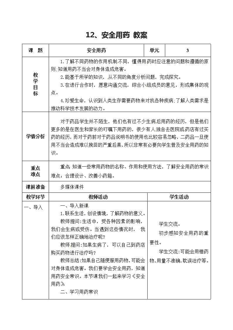五年级上册科学表格式教案-4.12 安全用药 青岛版五四制01