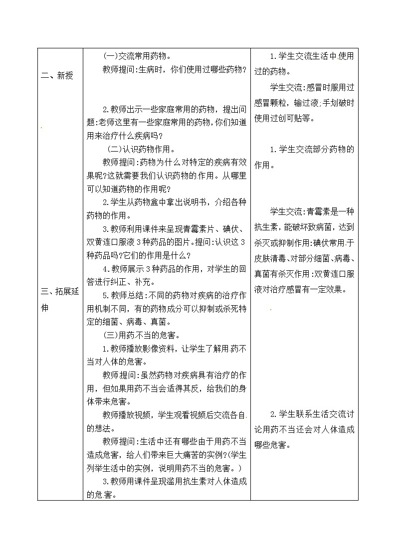 五年级上册科学表格式教案-4.12 安全用药 青岛版五四制02
