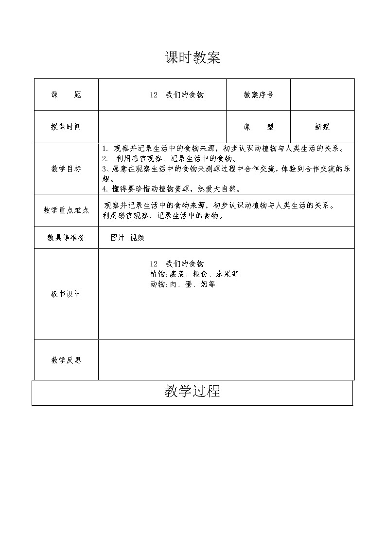 4.12 我们的食物 教案（表格式）01