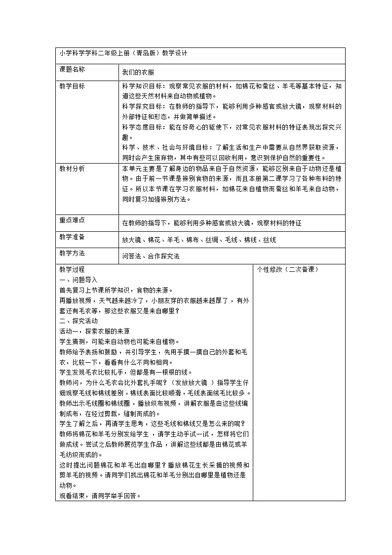 4.13 我们的衣服 教案（表格式）01