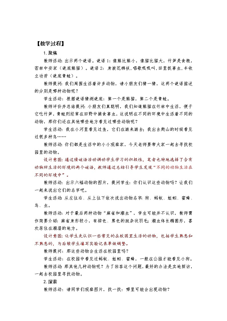 小学科学 教科版 一年级下册 《校园里的动物》 教学设计03