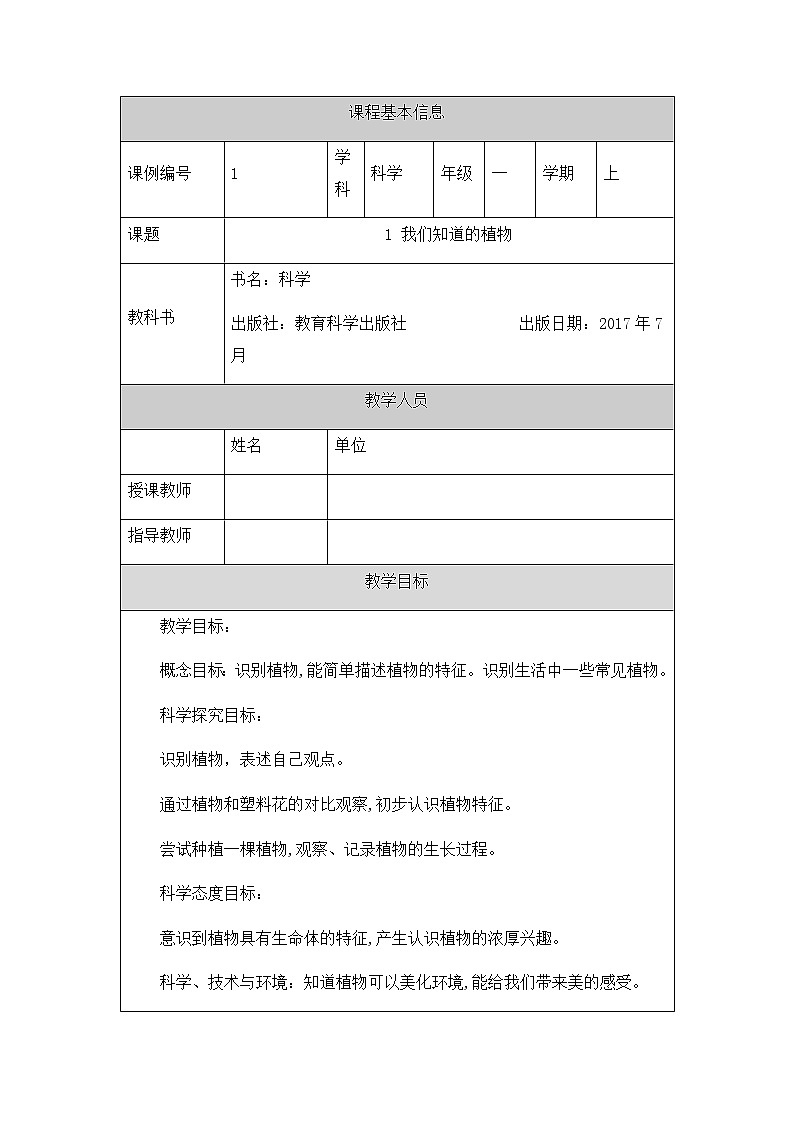 教科版1上科学 1.1 我们知道的植物 教案第1页