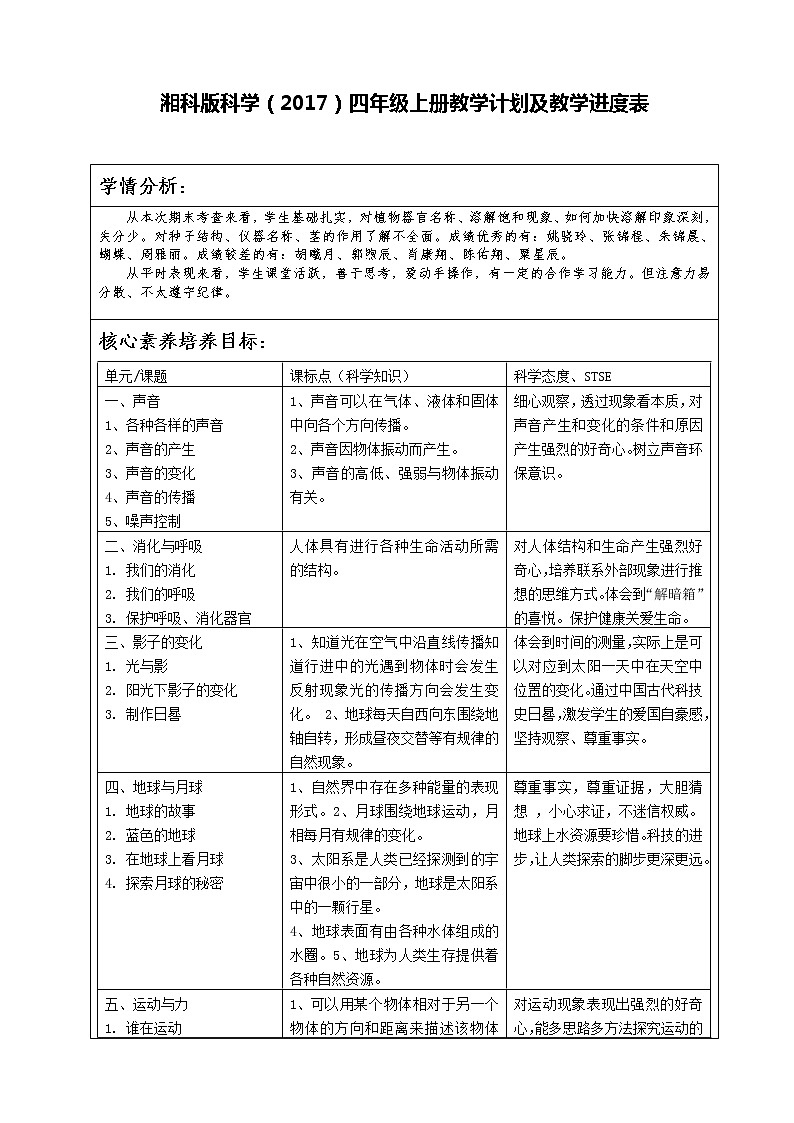 湘科版科学（2017）四年级上册教学计划及教学进度表01