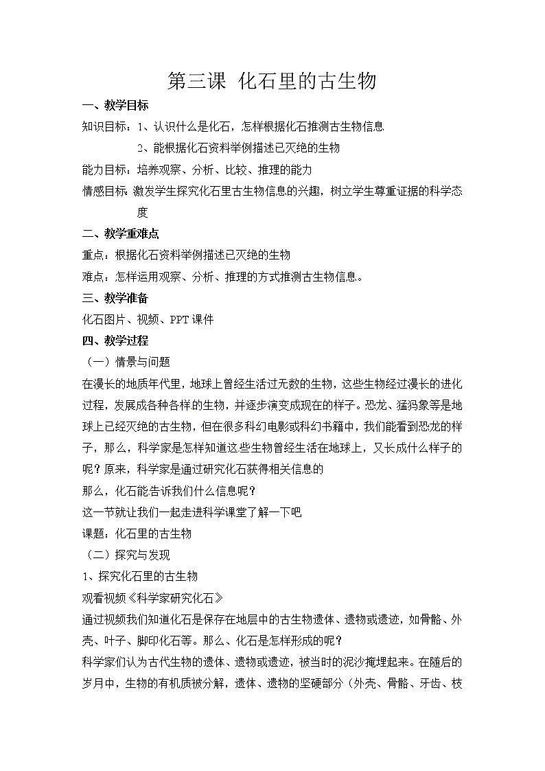 冀人版六年级科学上册 第三课《化石里的古生物》课件PPT+教案01