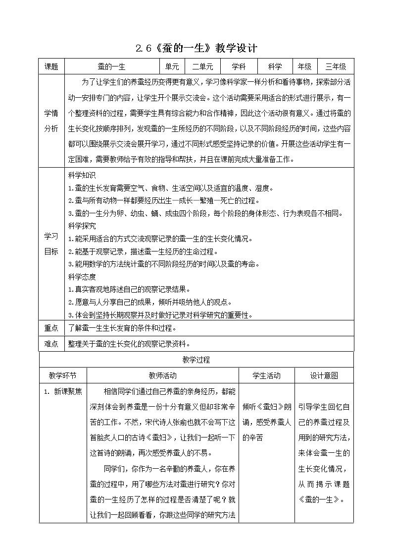 小学 三年级 科学《蚕的一生》教学设计第1页