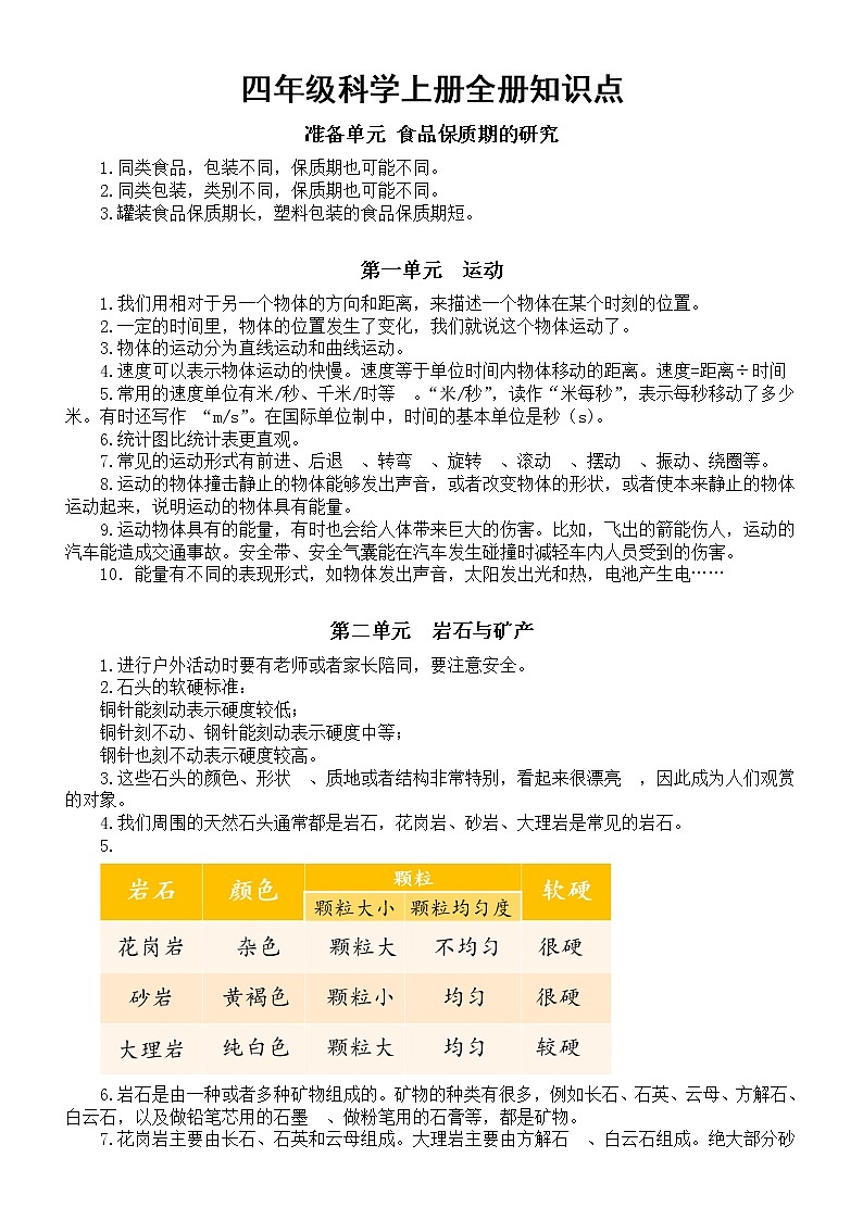 小学科学大象版四年级上册全册知识点整理（分单元编排）（2022秋季）01