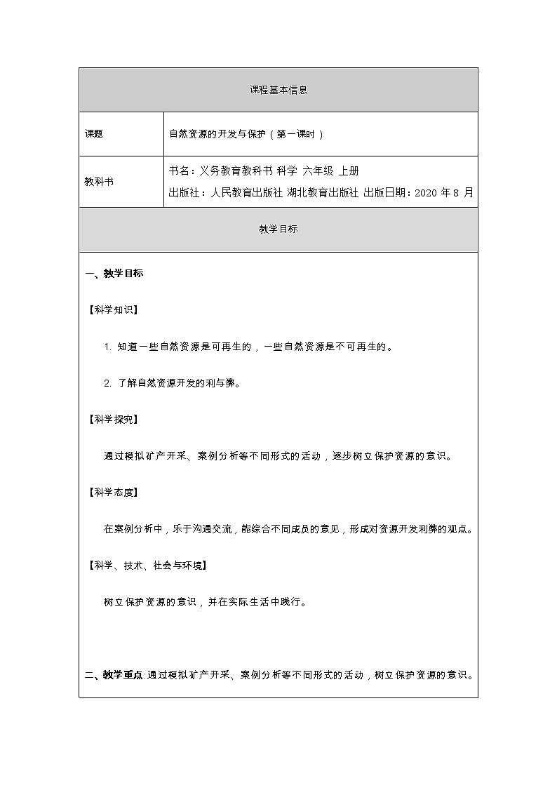 新人教鄂教版科学六上：4.15 自然资源的开发与保护（第1课时）PPT课件+教案+练习+任务单01