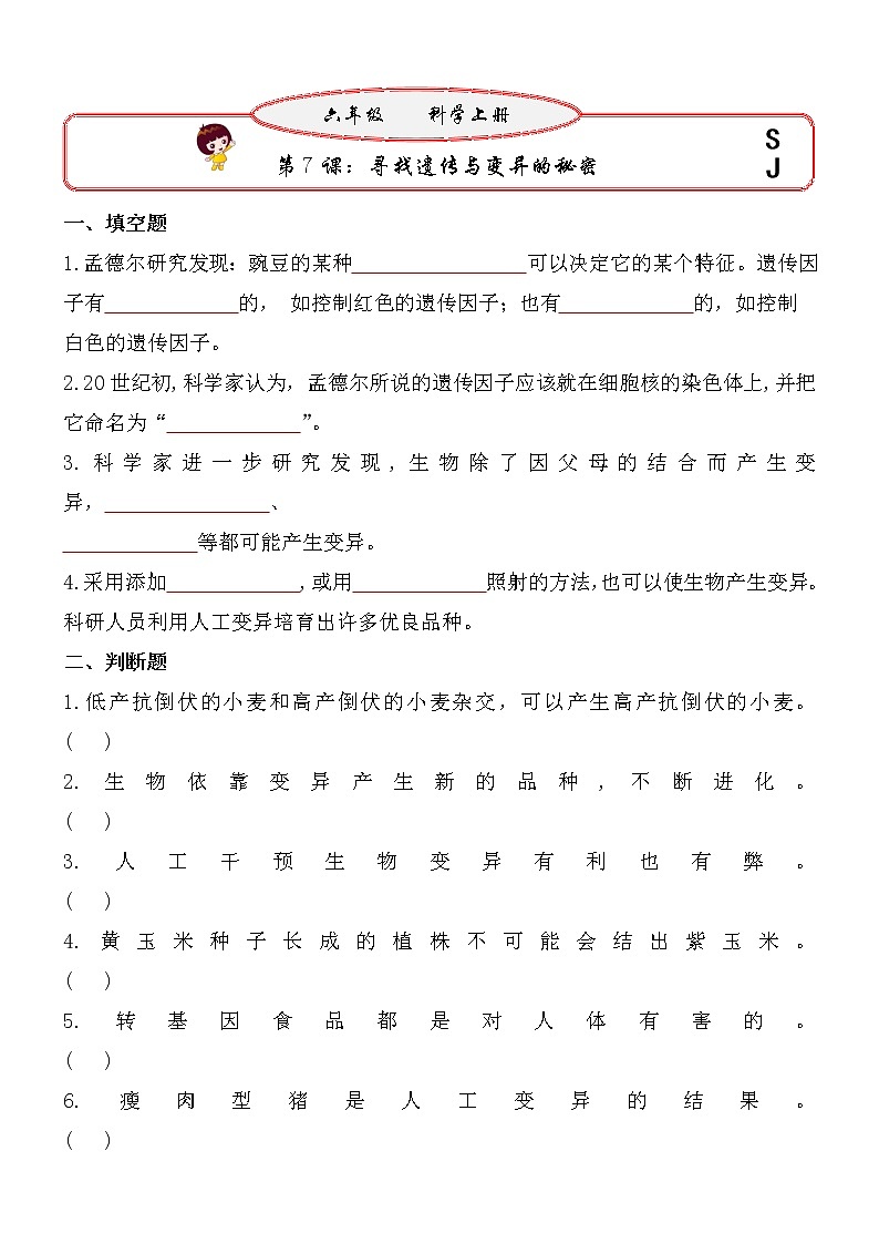 新苏教版六年级上册科学 第7课《寻找遗传与变异的秘密》基础过关练习（含答案）01